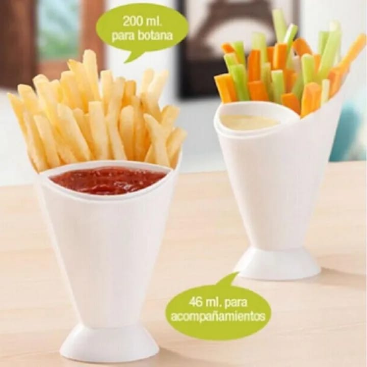 2-in-1 Self-Standing French Fry Cone with Built-In Dipping Cup | Reusable Plastic Snack Holder