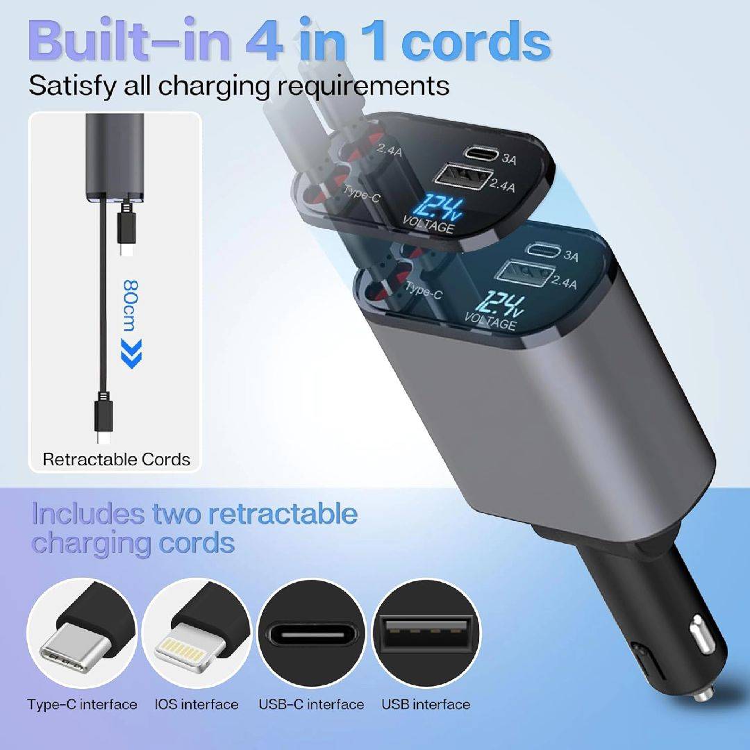 4-in-1 Retractable Car Charger 120W | Super Fast Multi-Port Adapter