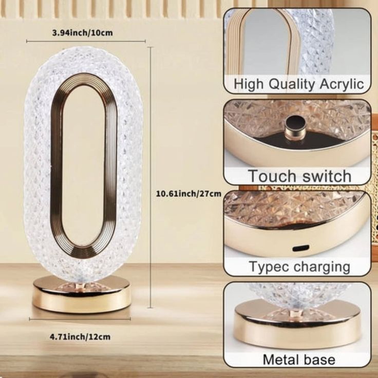 Oval Crystal Table Lamp – 3-Color Touch Control LED Bedside Light