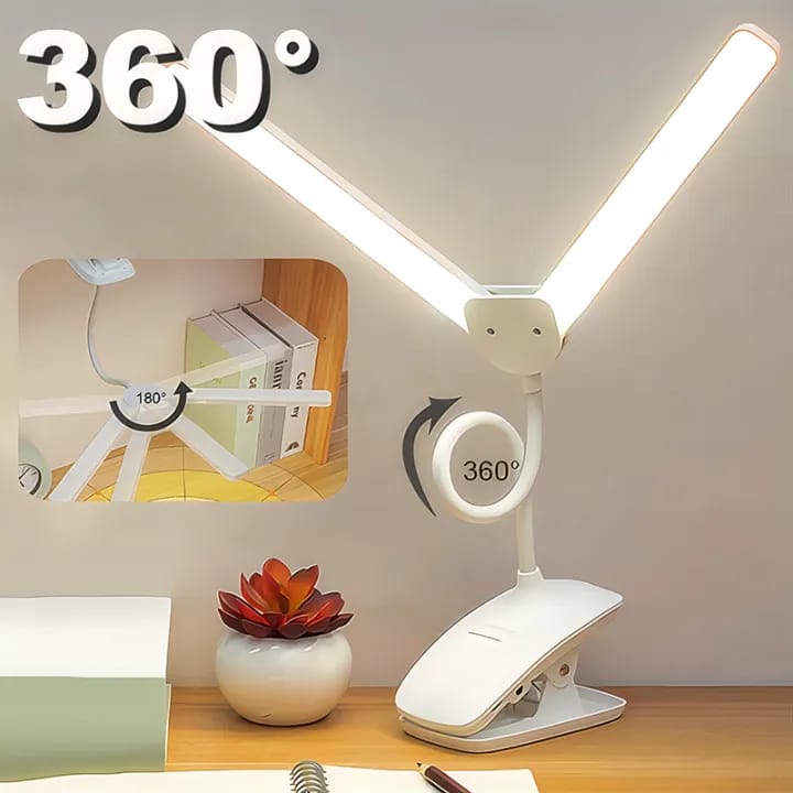 360° Flexible LED Table Lamp – Double Head, 3 Modes, Rechargeable Clip-On Desk Light