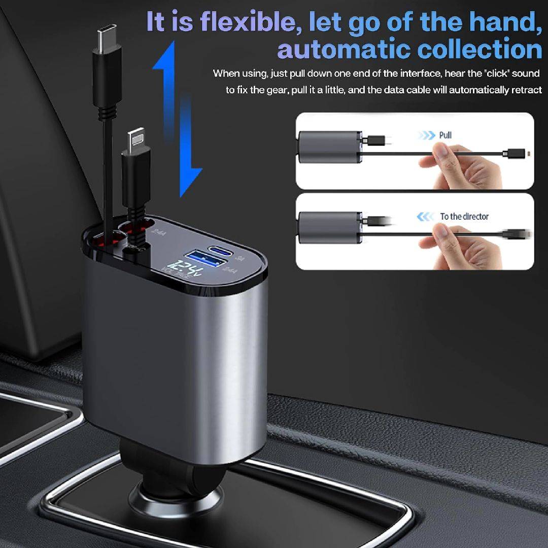 4-in-1 Retractable Car Charger 120W | Super Fast Multi-Port Adapter