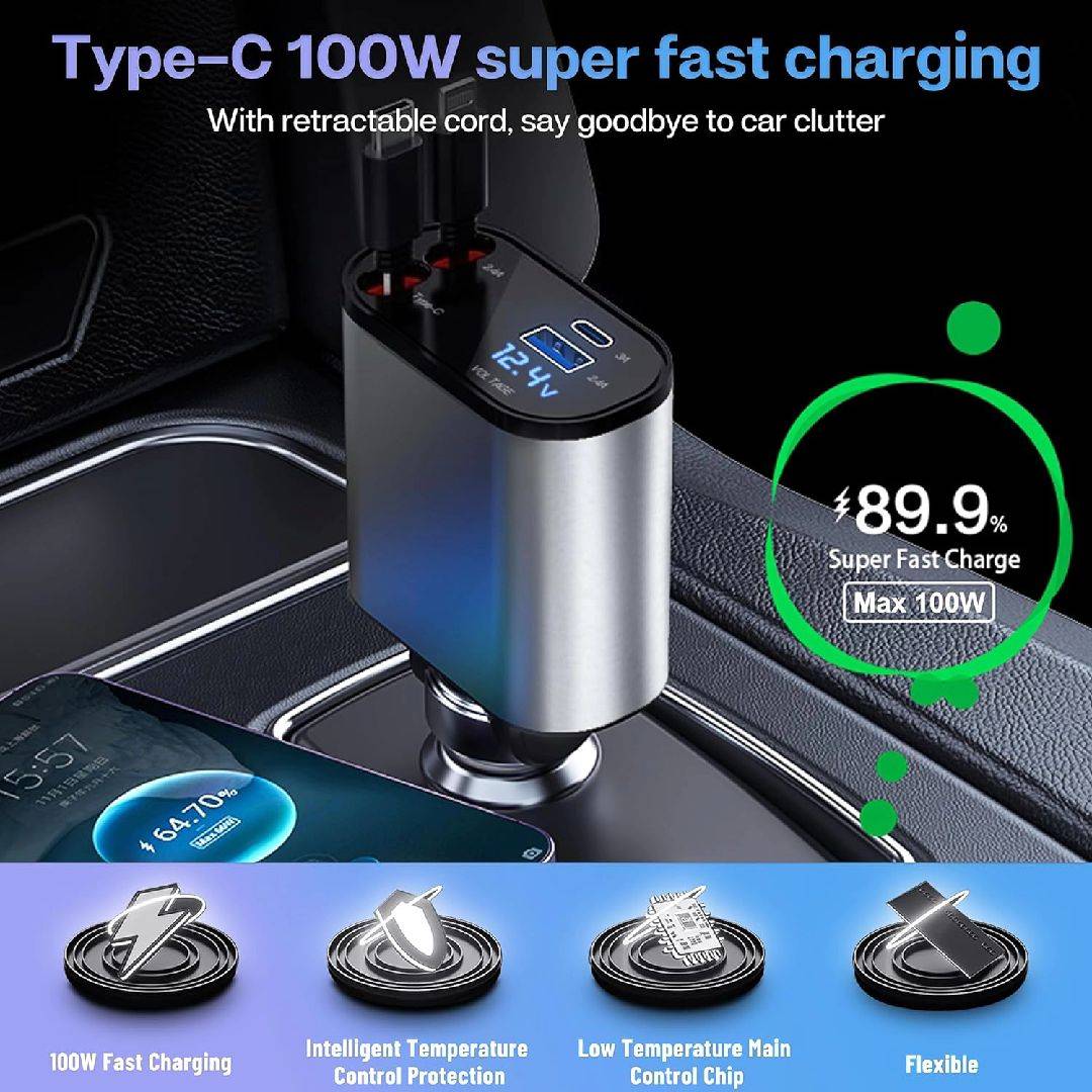 4-in-1 Retractable Car Charger 120W | Super Fast Multi-Port Adapter