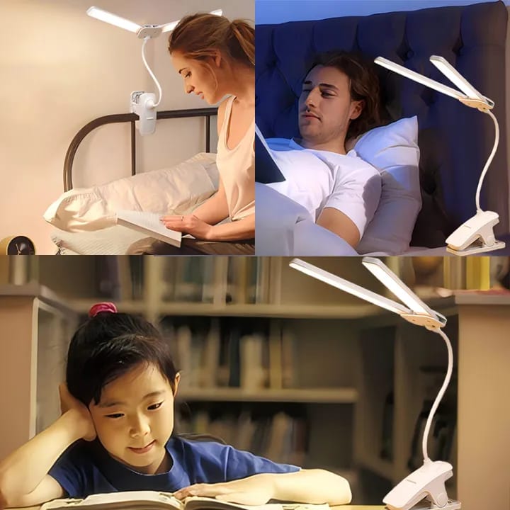 360° Flexible LED Table Lamp – Double Head, 3 Modes, Rechargeable Clip-On Desk Light