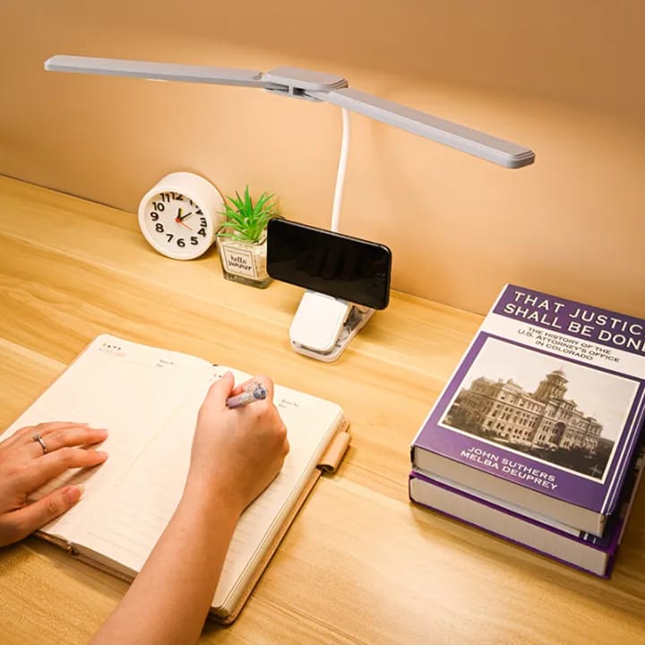 360° Flexible LED Table Lamp – Double Head, 3 Modes, Rechargeable Clip-On Desk Light
