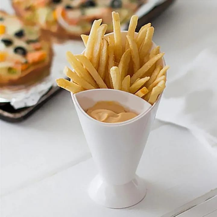 2-in-1 Self-Standing French Fry Cone with Built-In Dipping Cup | Reusable Plastic Snack Holder