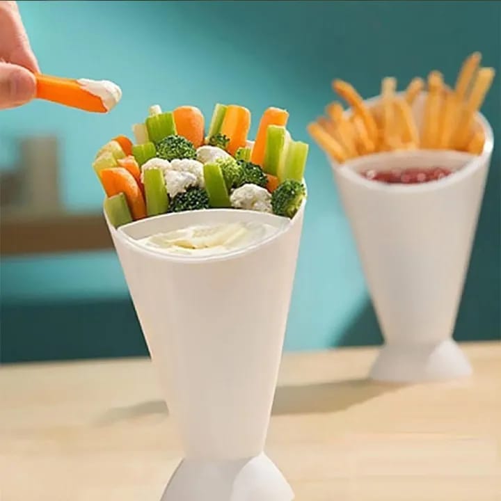 2-in-1 Self-Standing French Fry Cone with Built-In Dipping Cup | Reusable Plastic Snack Holder