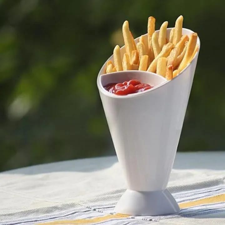 2-in-1 Self-Standing French Fry Cone with Built-In Dipping Cup | Reusable Plastic Snack Holder