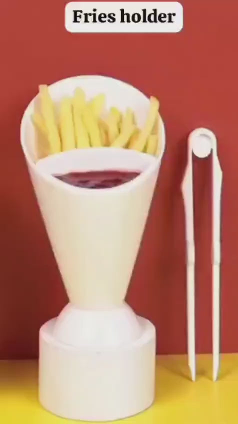 2-in-1 Self-Standing French Fry Cone with Built-In Dipping Cup | Reusable Plastic Snack Holder
